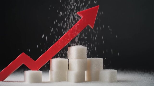 Red Arrow Pointing Up with Sugar Cubes &mdash; High Glucose Spike Concept, Diabetes Risk, Blood Sugar Increase and Metabolic Health Illustration