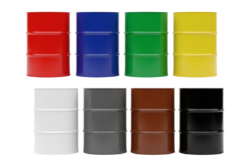 Vibrant collection of colorful metal barrels for industrial design projects offering a dynamic and modern style for your creative vision