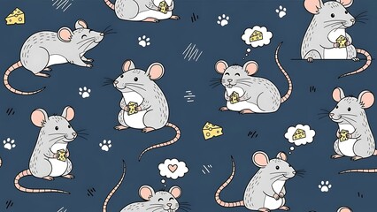 Cute Cartoon Mouse with Cheese Seamless Pattern on Dark Background