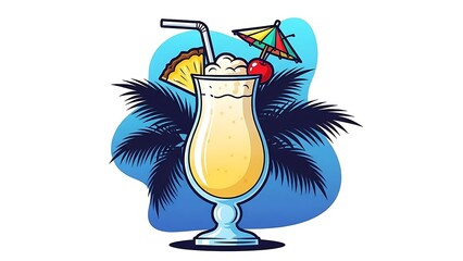 Cartoon Detailed Pina Colada Cocktail Drink Tropical Vacation Icon Illustration
