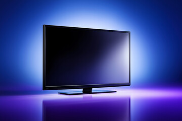 Modern flat-screen tv display with blue ambient lighting on reflective surface