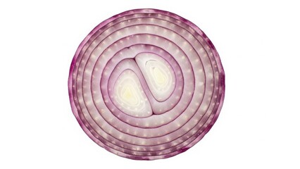 Close-up of a sliced red onion on white background.