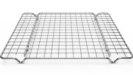 Stainless steel cooling rack on white background.