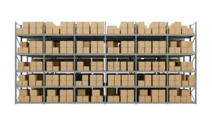 Organized storage shelves packed with uniform brown cardboard boxes ready for shipment or inventory