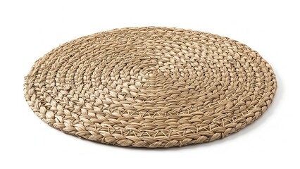 Round woven straw placemat on a white background.