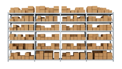 Organized rows of stacked brown cardboard shipping boxes on industrial metal shelving units against black
