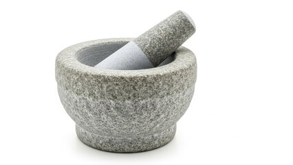 Granite mortar and pestle on white background.