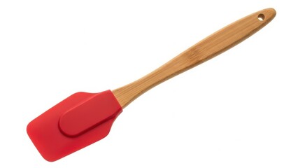 Red silicone spatula with bamboo handle on white background.