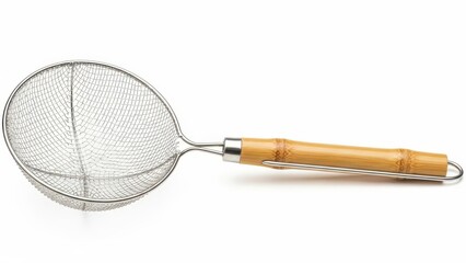 Bamboo-handled metal kitchen skimmer on white background.