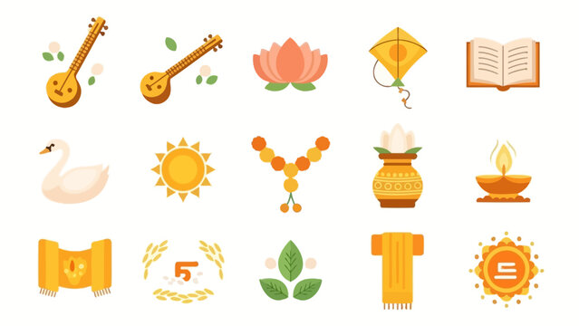 Set of traditional Indian cultural and religious icons, featuring Saraswati's symbols like Veena, swan, lotus, book, and Basant Panchami elements.