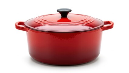 Red cast iron Dutch oven with lid and handles.