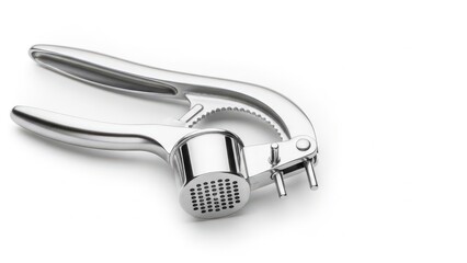 Stainless steel garlic press on white background.