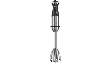 Stainless steel handheld immersion blender on white background.