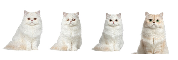Set / Collection of realistic white domestic cat poses sitting and resting, fluffy feline illustration, isolated on transparent PNG background, oil paint