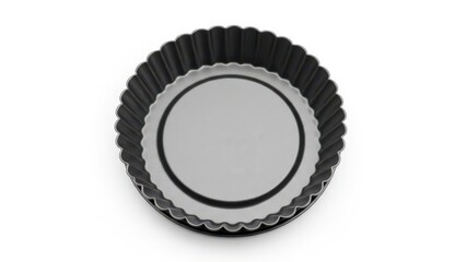 Round non-stick tart pans stacked on white background