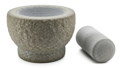 Granite mortar and pestle on white background.
