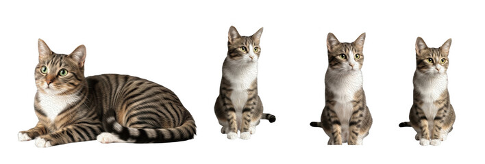 Set / Collection of realistic tabby cat poses sitting and standing, domestic feline illustration, isolated on transparent PNG background, oil paint