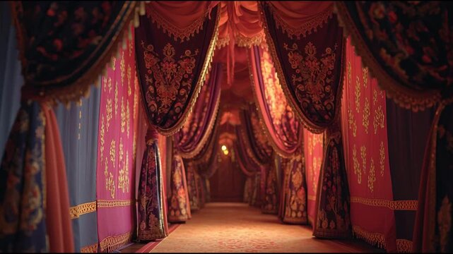 Opulent Hallway of Rich Velvet Curtains, Elegant Interior, Luxury Entrance