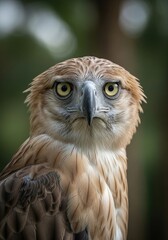 Obraz premium Majestic brown owl with piercing yellow eyes in natural setting