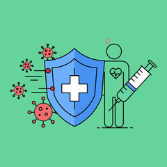 Medical shield protects person from viruses, with syringe symbolizing vaccination and health