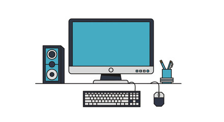 Fototapeta premium Modern desktop computer setup with monitor keyboard mouse and speakers on a desk.