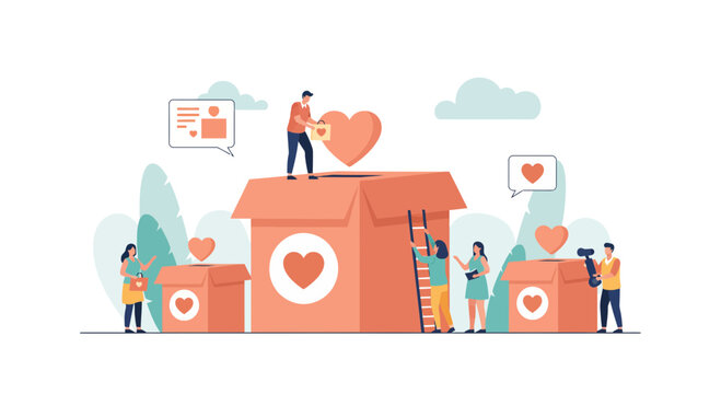 People donating to charity putting hearts into donation boxes helping others.