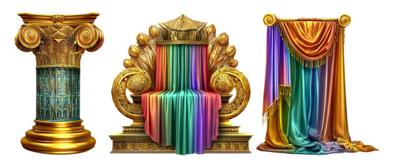 Grand Monumental Illustration of Colorful Throne and Decorative Elements in Bold Style