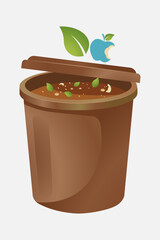 Brown compost bin with green leaves and a bitten apple symbol on a white background