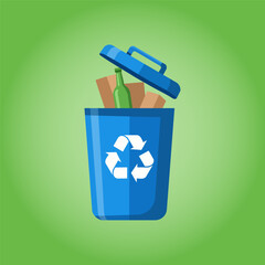 Blue recycling bin overflowing with glass bottle and cardboard waste on a green gradient background