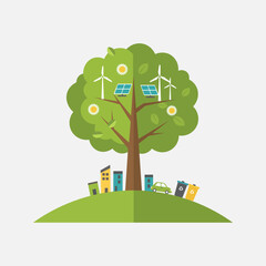 Green energy tree with solar panels and wind turbines powering a sustainable city