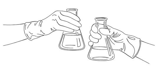 ビーカーを持つ研究者の手元の線画｜実験・化学・医療イメージ