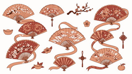 Japanese Fans Collection: Oriental Patterns, Cherry Blossoms, Ribbons, and Ornaments