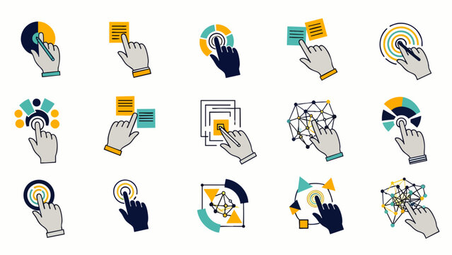 Modern vector set of hand cursor icons for digital interaction, UI/UX design, and data analysis. Illustrates clicking, touching, selecting, and navigating interfaces.