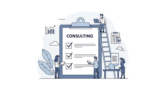Consulting checklist with business people working on project management and planning.