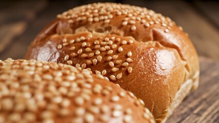 Closeup view of two freshly baked golden brown hamburger buns generously topped with an abundance of toasted sesame seeds showcasing their soft texture and delicious appearance perfect for gourmet bu.