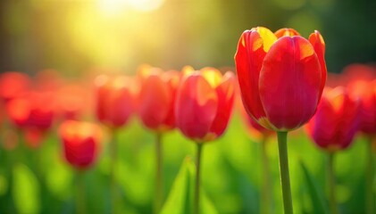 Obraz premium Close-up of vibrant tulips bursting forth in a lush green meadow, bathed in the warm sunlight of spring A gentle breeze rustles the petals, symbolizing renewal and tranquility , field, vibrant