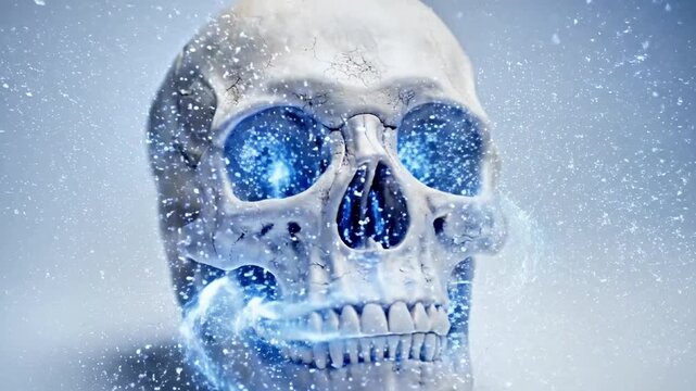 A digitally rendered human skull with glowing blue light emanating from the eye sockets