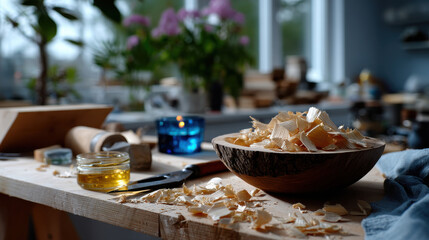 An artistic image displaying wood shavings scattered across a workbench, symbolizing craftsmanship and creativity in woodworking, inviting viewers to appreciate the artistry involved.