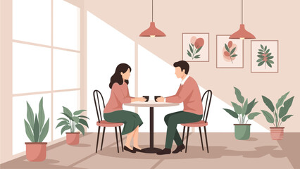 Fototapeta premium Couple having coffee together in a cozy cafe with plants around them