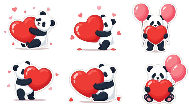 Panda bears holding hearts and balloons in various playful poses