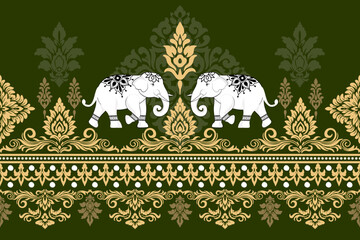 Thai elephant ornamental vector pattern with gold floral motifs on green background, elegant traditional Asian style.