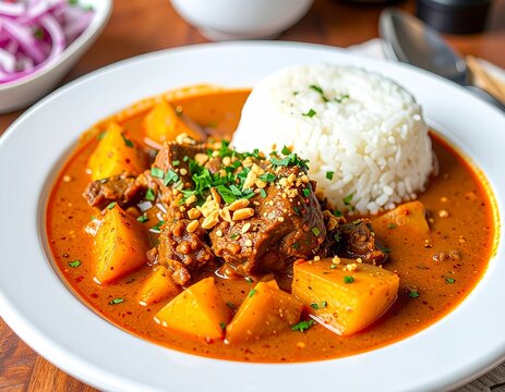 Carapulcra peruana con arroz blanco, un plato tradicional del Per&uacute; en presentaci&oacute;n atractiva