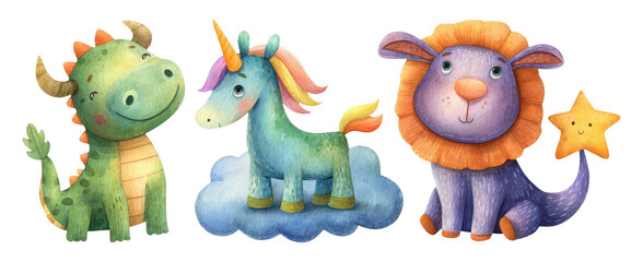 Adorable Fantasy Creatures in Bright Colors Featuring a Dragon, Unicorn, and Lion