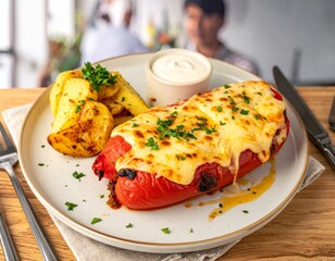 Cocina peruana y su plato tradicional Rocoto Relleno con guarnici&oacute;n de papas