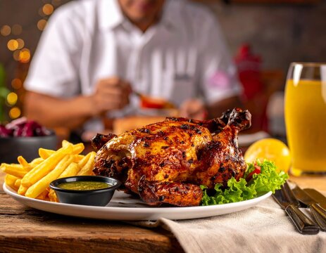 Pollo a la brasa en la cocina peruana con papas fritas y ensalada en un restaurante