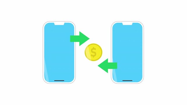 Mobile money transfer concept with two smartphones and a dollar coin, illustrating digital payment exchange.