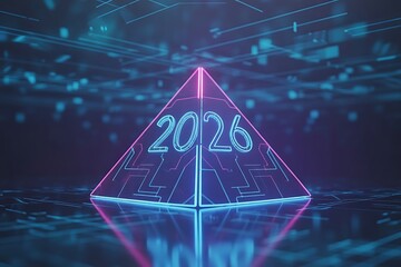 Futuristic holographic pyramid displaying glowing blue 2026 on a digital circuit grid background with neon lights