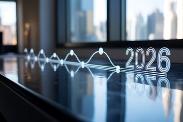 Futuristic holographic display of the year 2026 with a line graph on a reflective black surface in an office setting