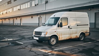Old delivery van with dents and rust spots parked in an empty industrial lot, worn exterior reflecting heavy use, logistics history, and urban abandonment atmosphere.