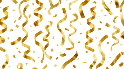falling gold confetti and streamers seamless pattern on white background